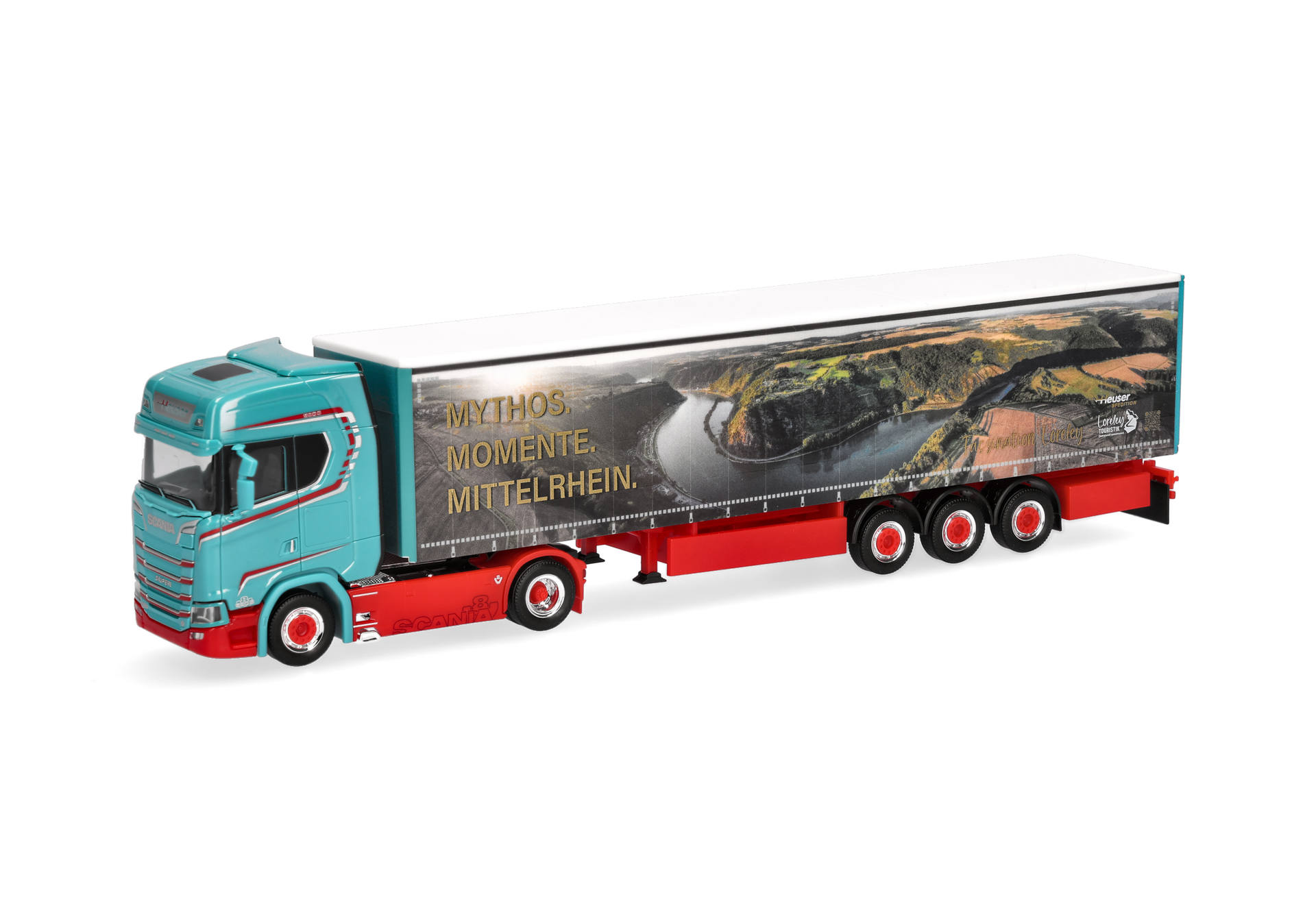 Herpa 321280 | Scania CS 20 Hochdach | Gardinenplanen-Sattelzug | Spedition Heuser/Faszination Loreley | 1:87