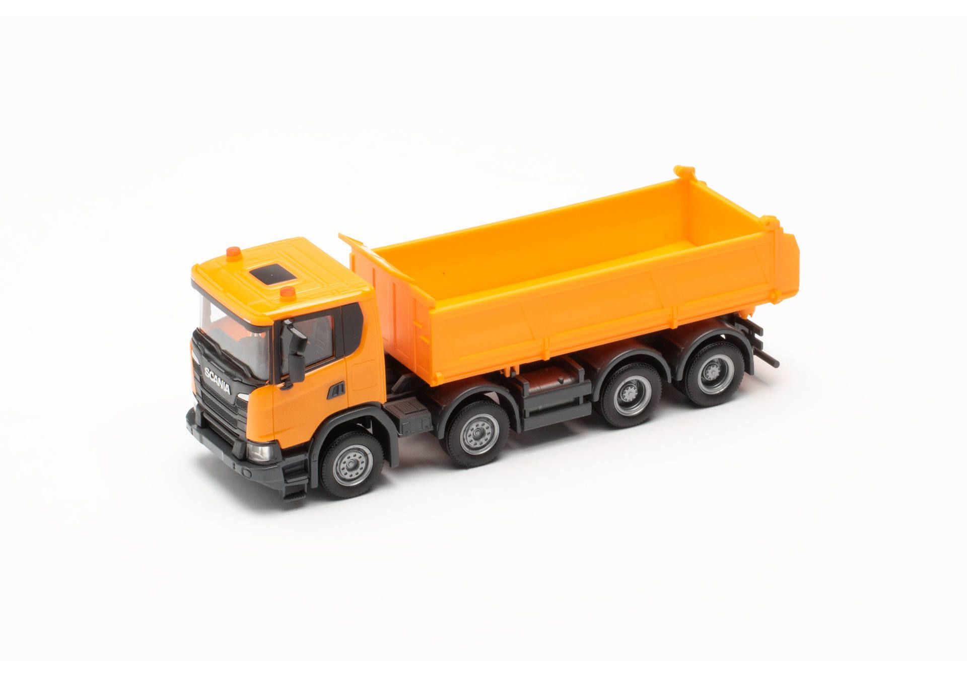 Herpa 316996 | MAN TGE | Scania XT17 Meiler | 4-achsiger Dreiseitenkipper | orange | 1:87