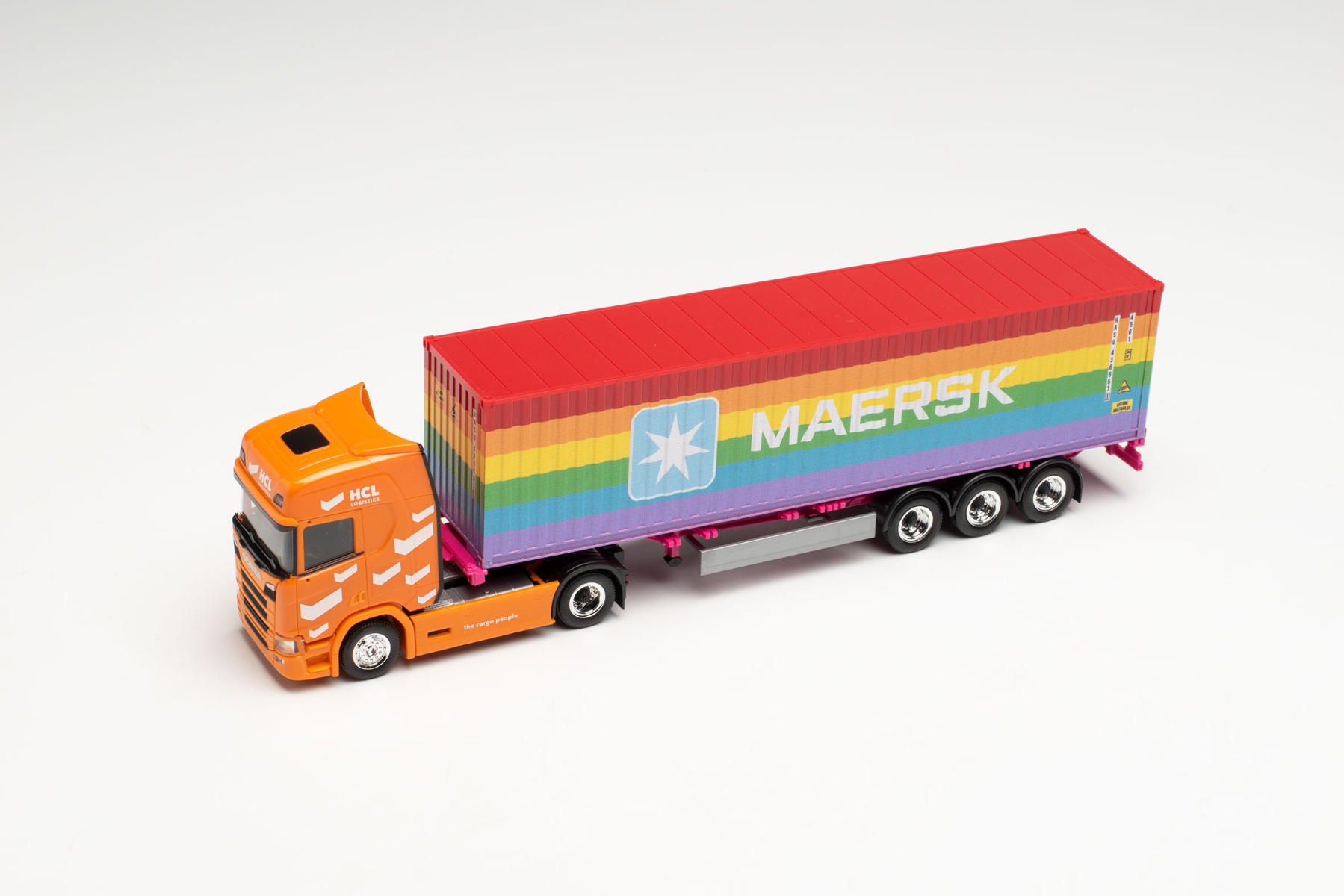 Herpa 314695 - Scania CR 20 HD Container-Sattelzug - HCL Logistics/40 ft. Maersk Rainbow (Rheinland-Pfalz/Ludwigshafen). 1:87