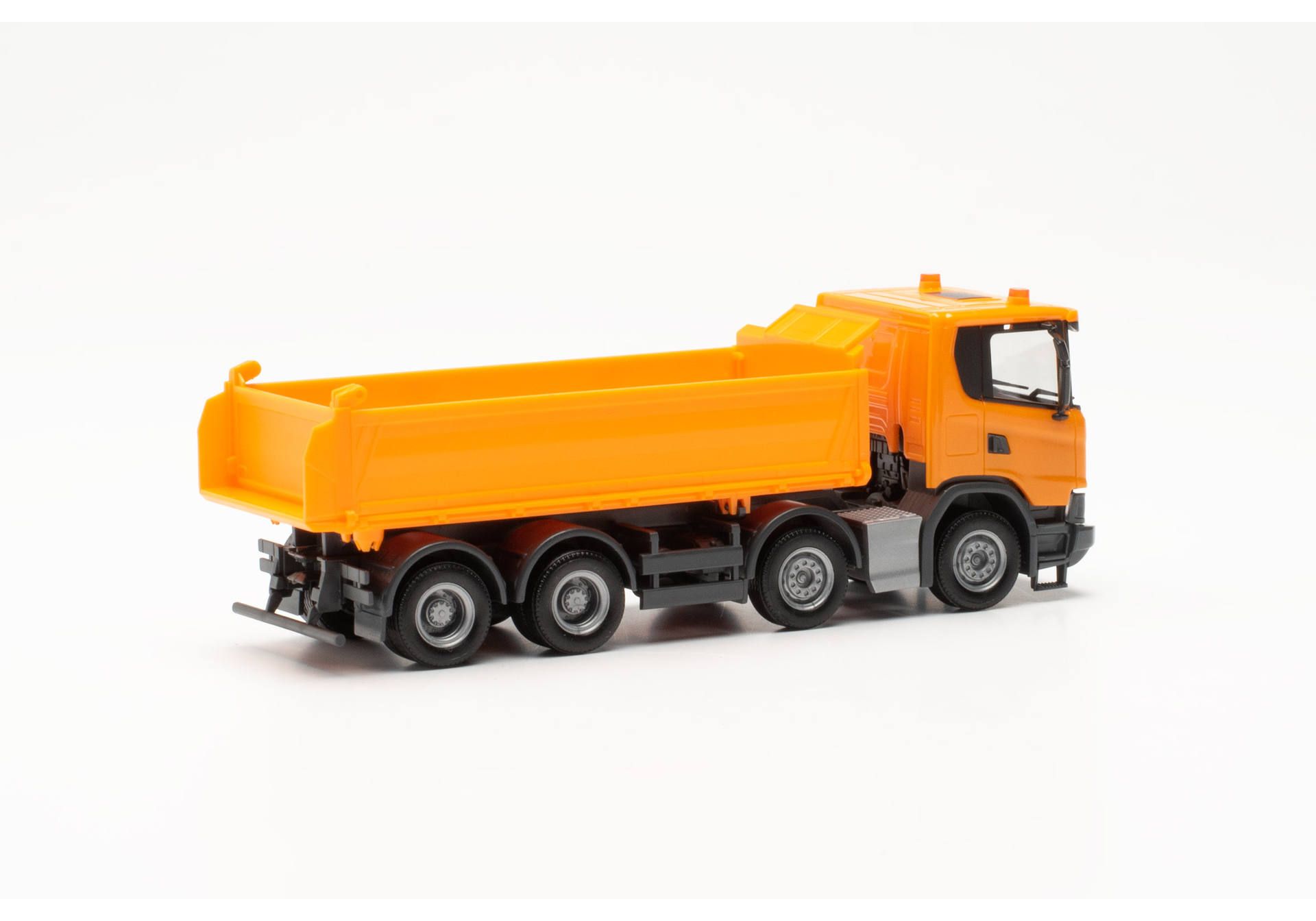Herpa 316996 | MAN TGE | Scania XT17 Meiler | 4-achsiger Dreiseitenkipper | orange | 1:87