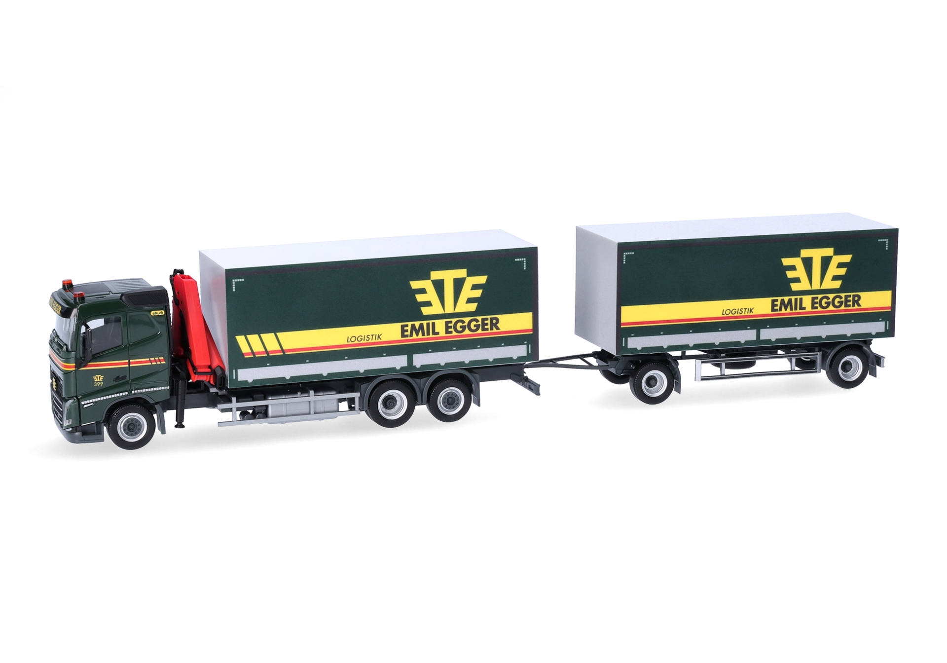 Herpa 320504 | Volvo FH 2020 | Flachdach Planen-Hängerzug mit Kran | Emil Egger |  1:87