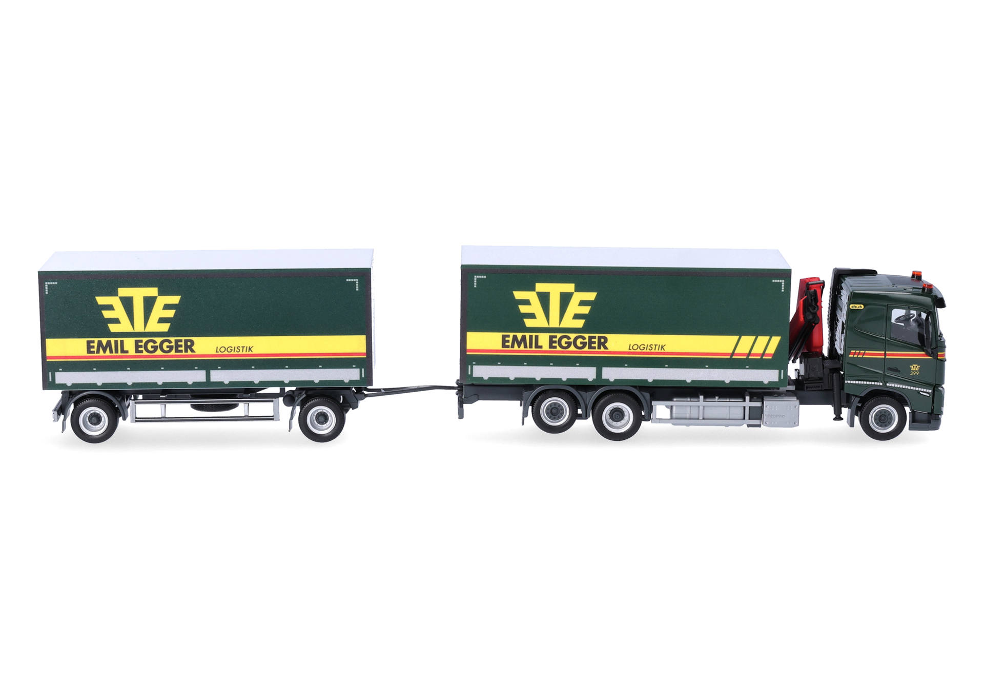 Herpa 320504 | Volvo FH 2020 | Flachdach Planen-Hängerzug mit Kran | Emil Egger |  1:87