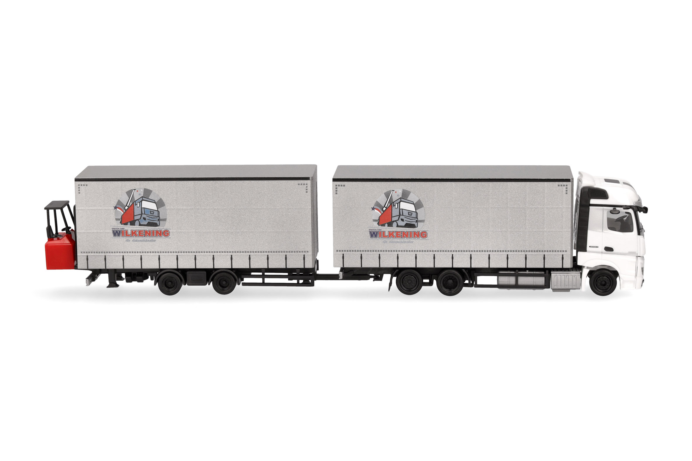 Herpa 319683 | MB Actros | Jumbogardinenplanentandem-Hängerzug mit Stapler | Wilkening | 1:87