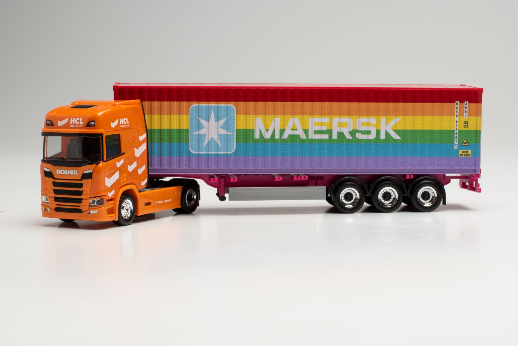 Herpa 314695 - Scania CR 20 HD Container-Sattelzug - HCL Logistics/40 ft. Maersk Rainbow (Rheinland-Pfalz/Ludwigshafen). 1:87