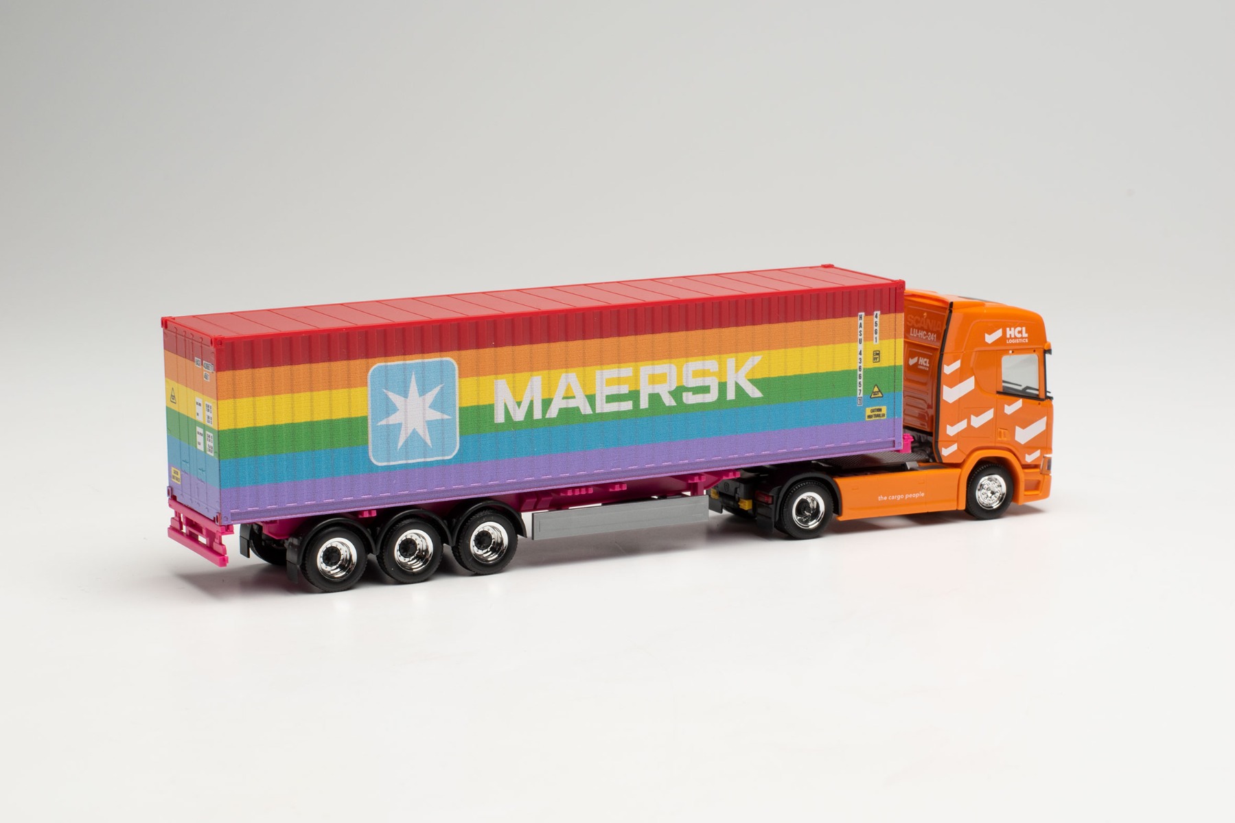 Herpa 314695 - Scania CR 20 HD Container-Sattelzug - HCL Logistics/40 ft. Maersk Rainbow (Rheinland-Pfalz/Ludwigshafen). 1:87