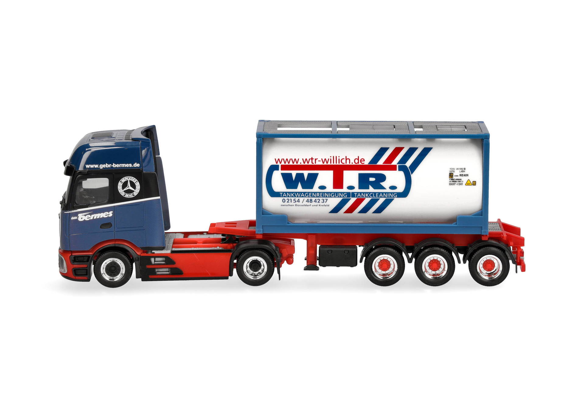 Herpa 320443 | MB Actros L ProCabin Gigaspace 20ft Tankcontainer-Sattelzug | Bermes | 1:87