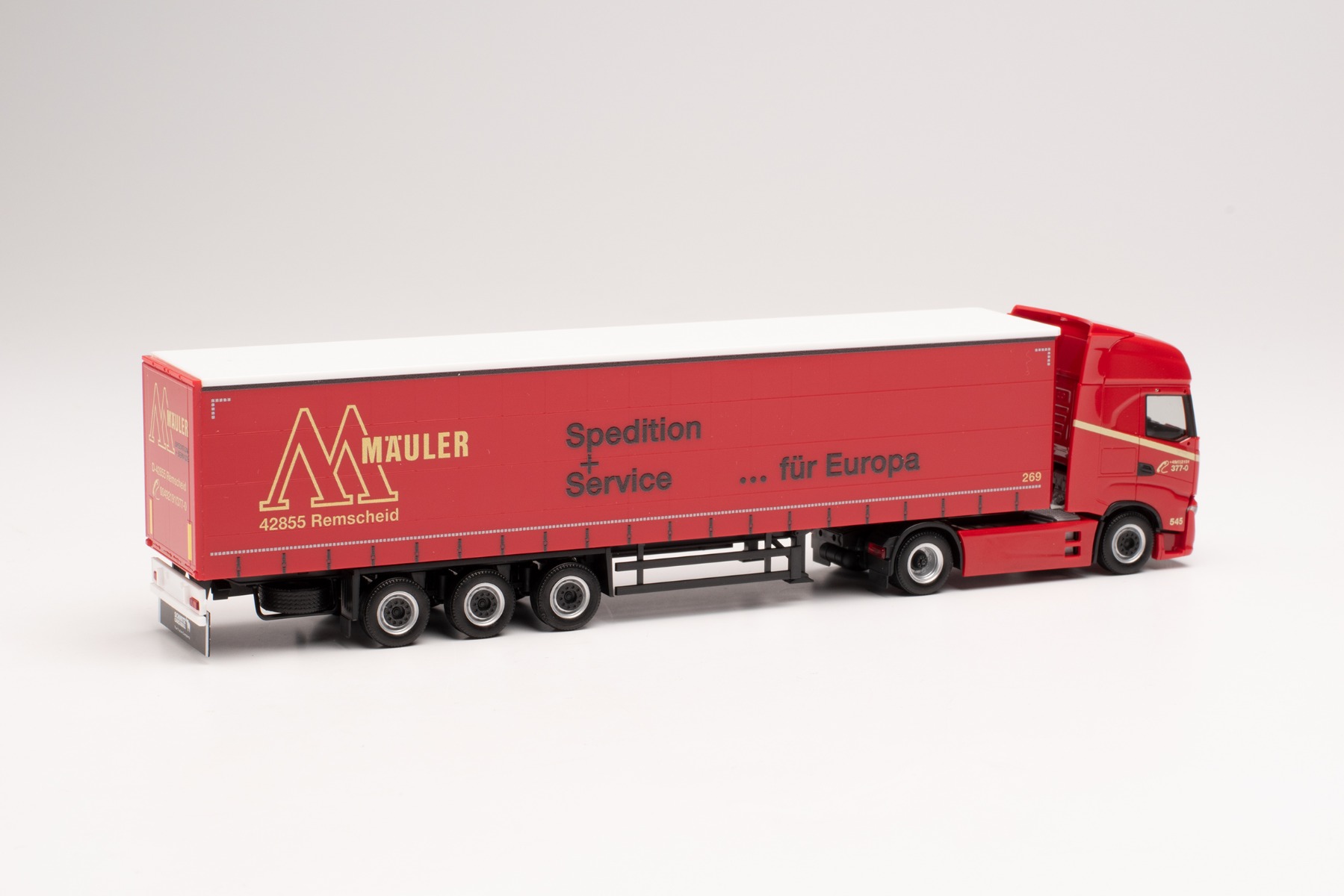 Herpa 314121 - Iveco S-Way Gardinenplanen-Sattelzug - Gustav Mäuler. 1:87
