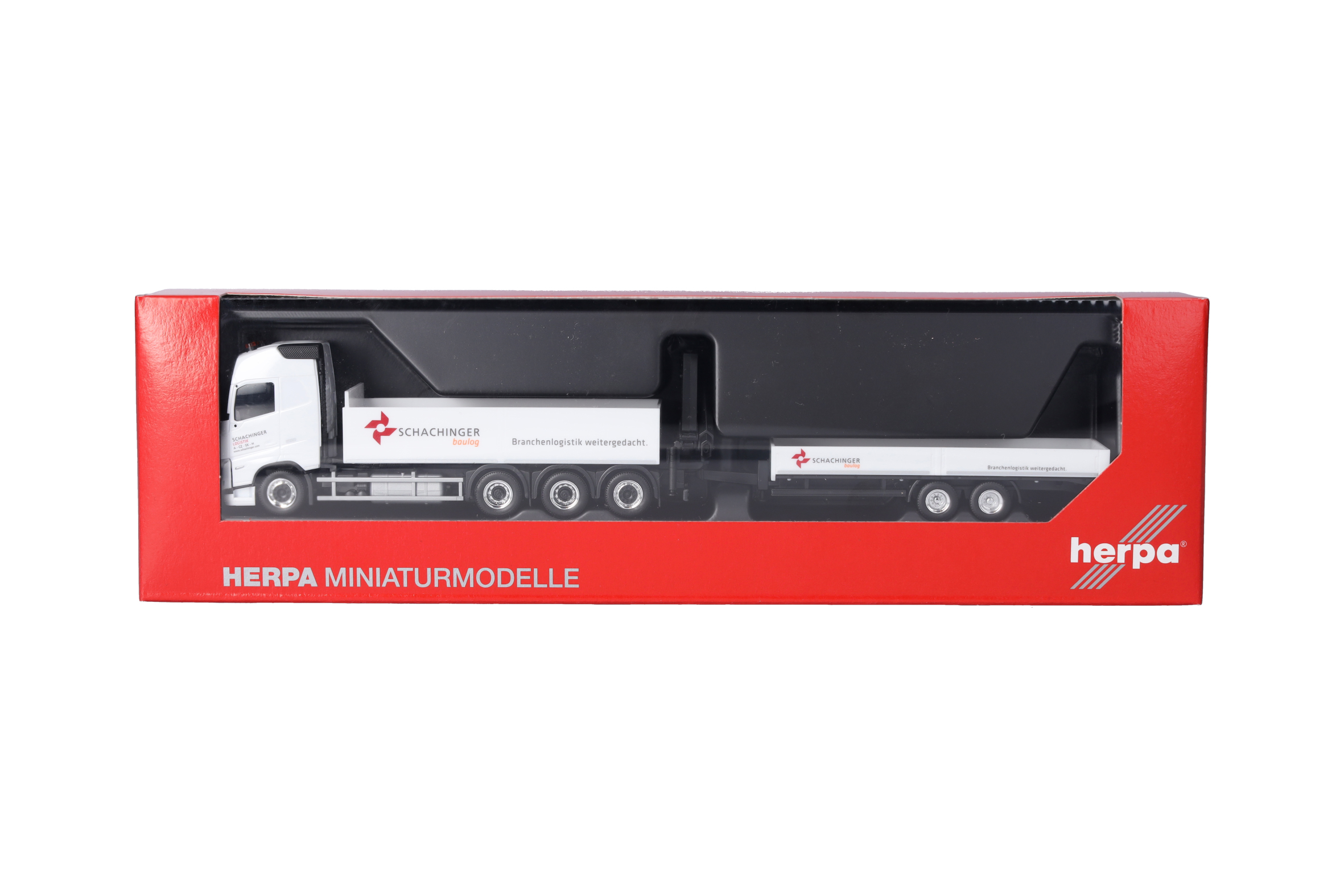 Herpa 319119 | Volvo FH GL 2020 | Pritschen-LKW 4achs | Tiefbetttandemanhänger 2achs | Schachinger | 1:87