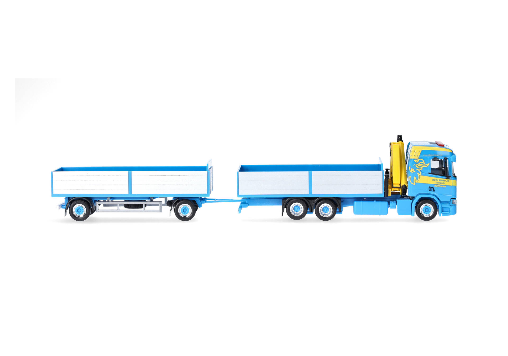 Herpa 926072 | Scania CR 20 ND | Pritschen-Hängerzug mit Ladekran | Martin Wittwer | 1:87