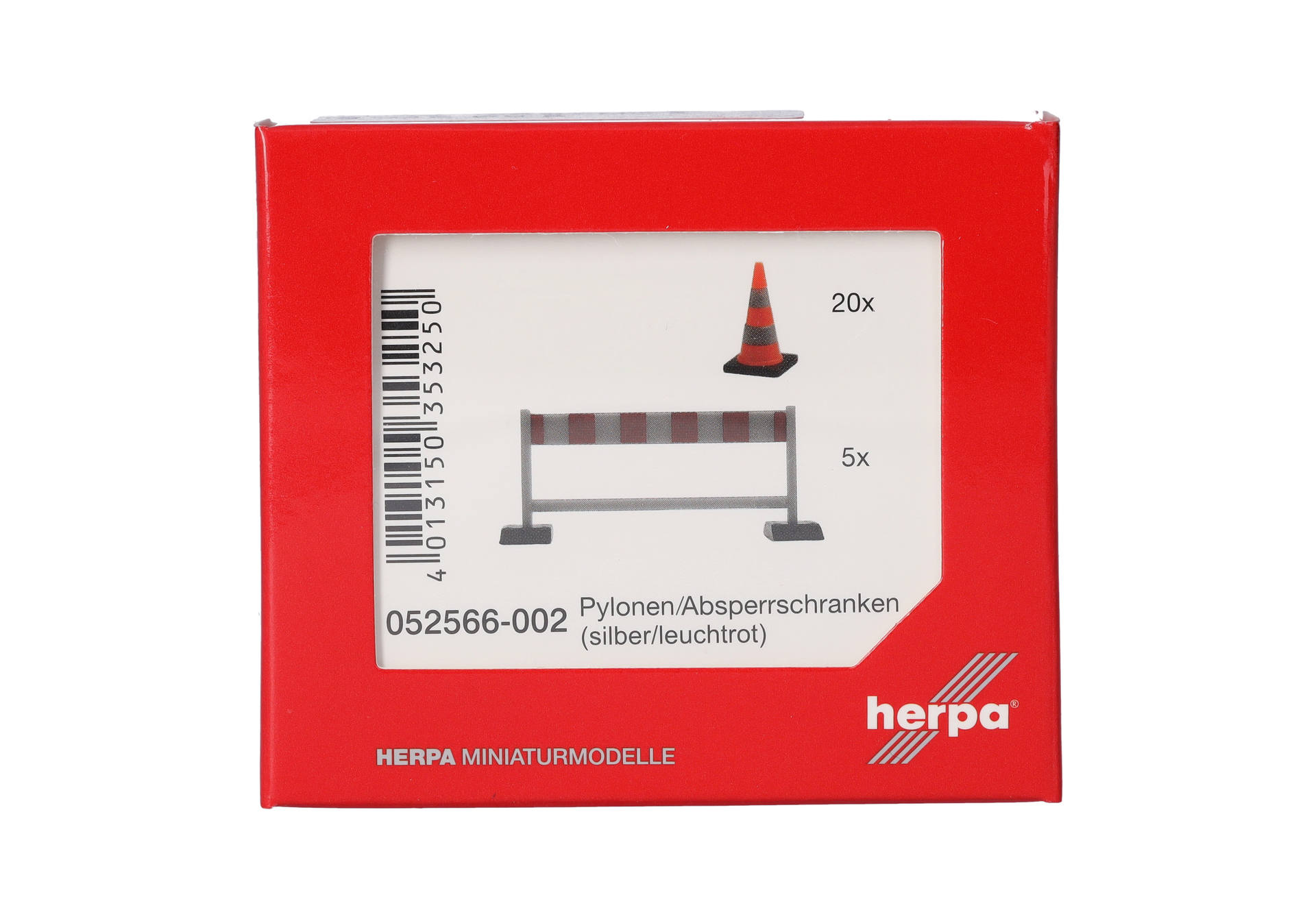 Herpa Zubehör 052566-002 | Pylonen (20 Stück) | Absperrschranken (5 Stück) | silber/leuchtrot | 1:87