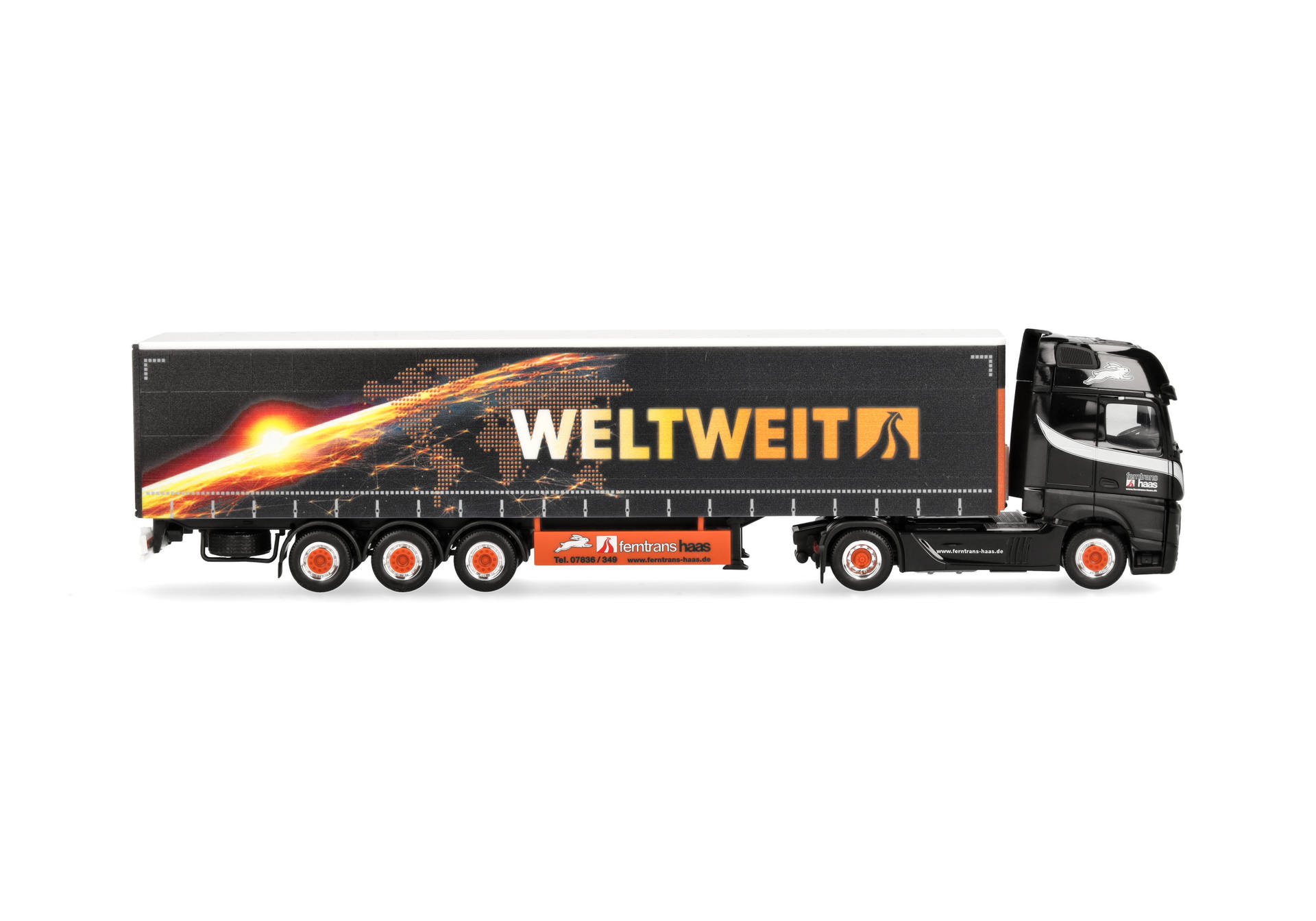 Herpa 320023 | MB Actros L 18 Gigaspace Gardinenplanen-Sattelzug | Ferntrans Haas/weltweit | 1:87