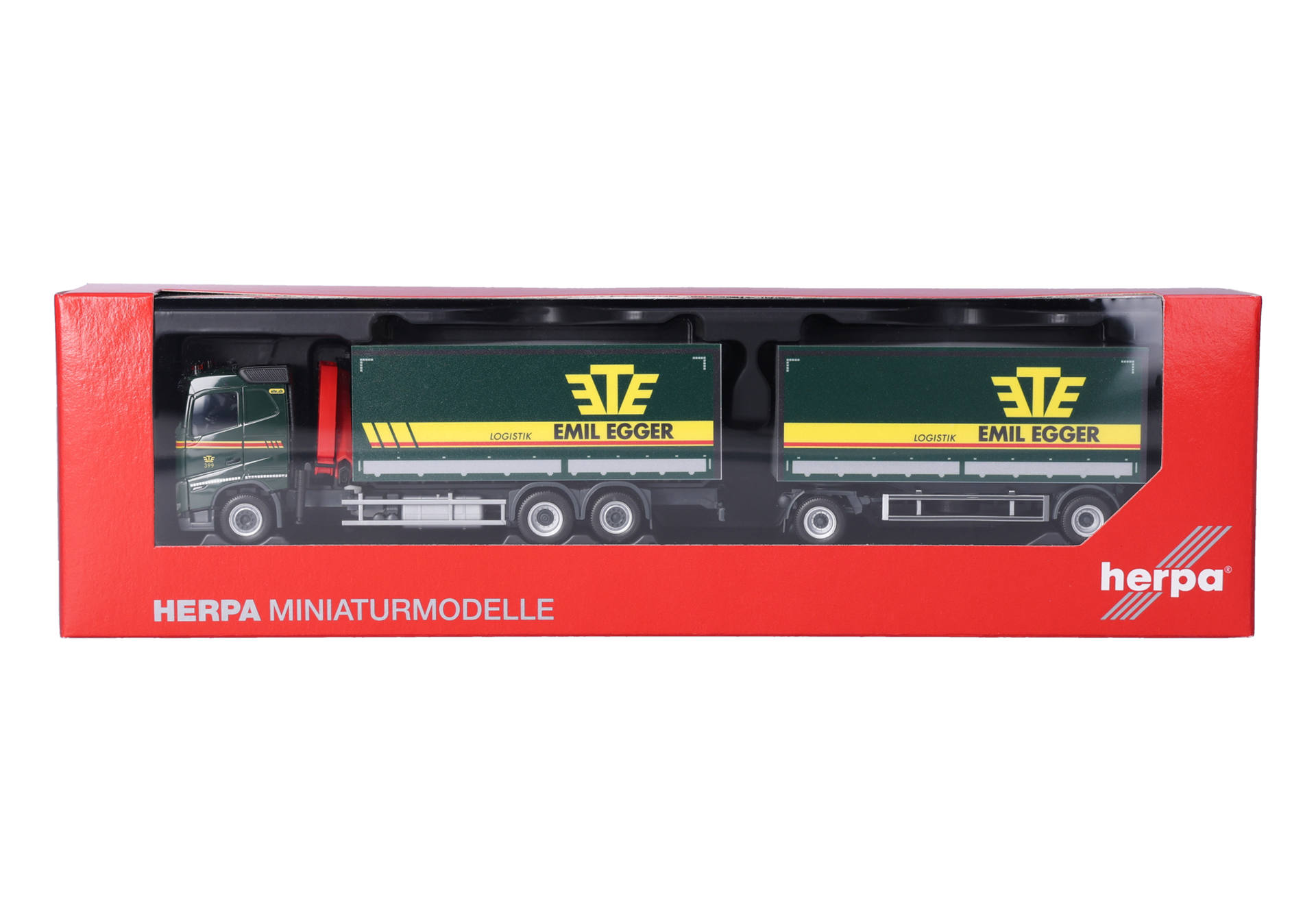 Herpa 320504 | Volvo FH 2020 | Flachdach Planen-Hängerzug mit Kran | Emil Egger |  1:87