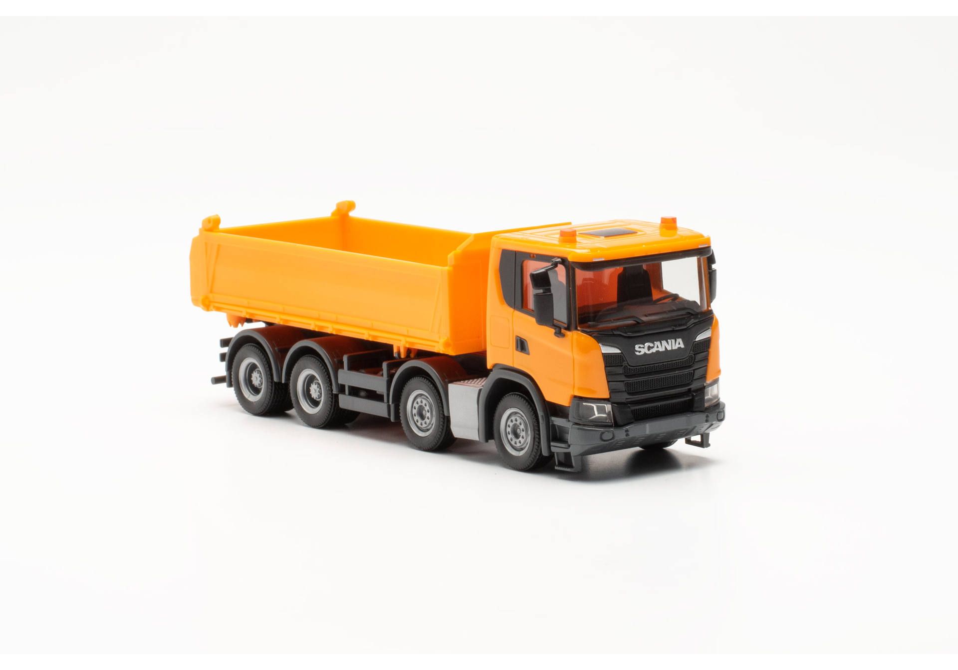 Herpa 316996 | MAN TGE | Scania XT17 Meiler | 4-achsiger Dreiseitenkipper | orange | 1:87