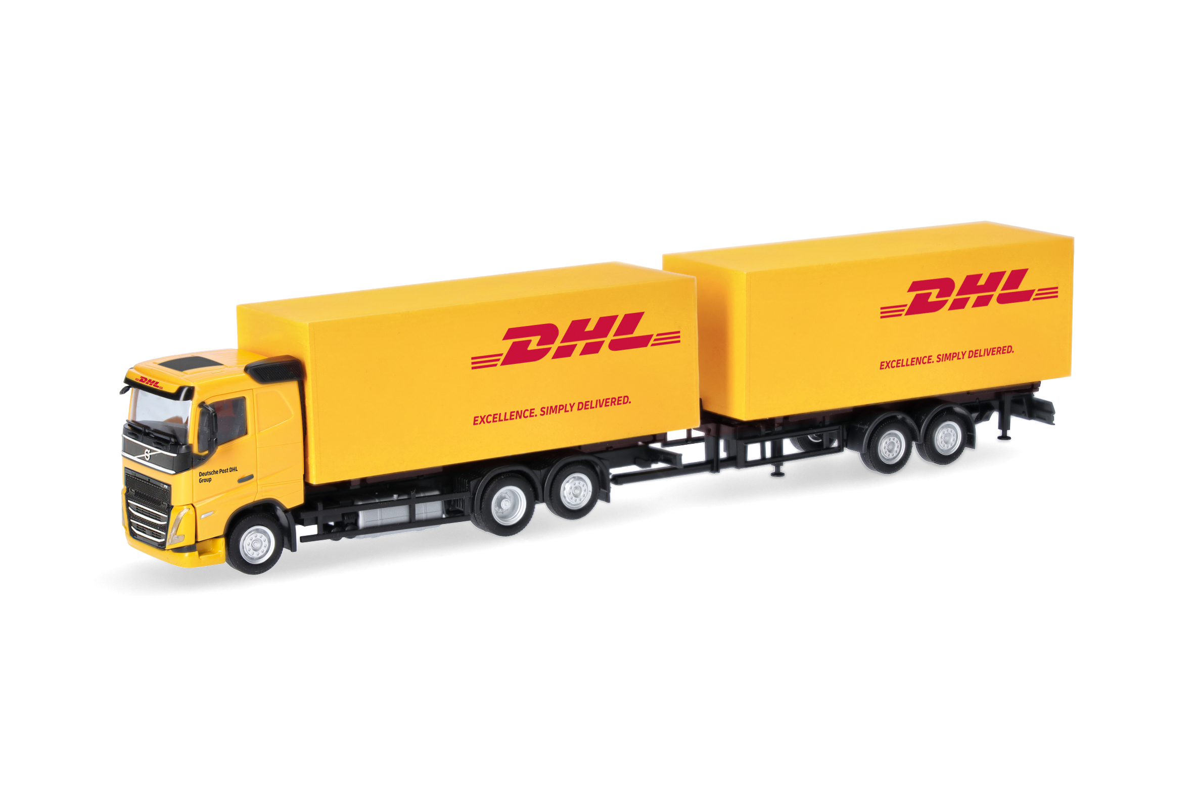 Herpa 321501 | Volvo FH Flachdach 2020 | Wechselkoffertandem-Hängerzug | DHL | 1:87