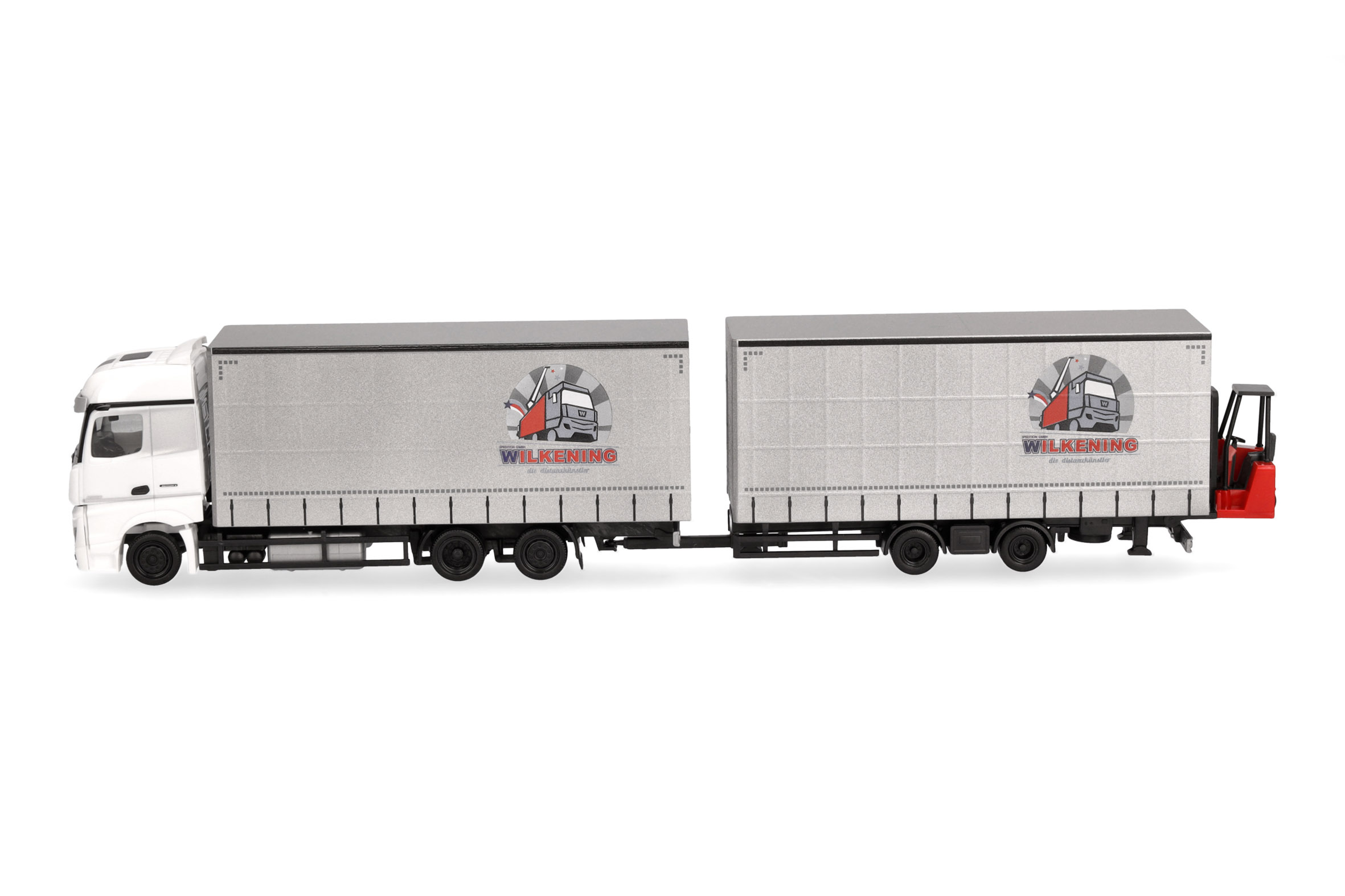 Herpa 319683 | MB Actros | Jumbogardinenplanentandem-Hängerzug mit Stapler | Wilkening | 1:87