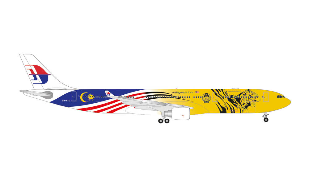 Herpa Wings 535359 - Malaysia Airlines Airbus A330-300 - Harimau Malaya – 9M-MTG. 1:500