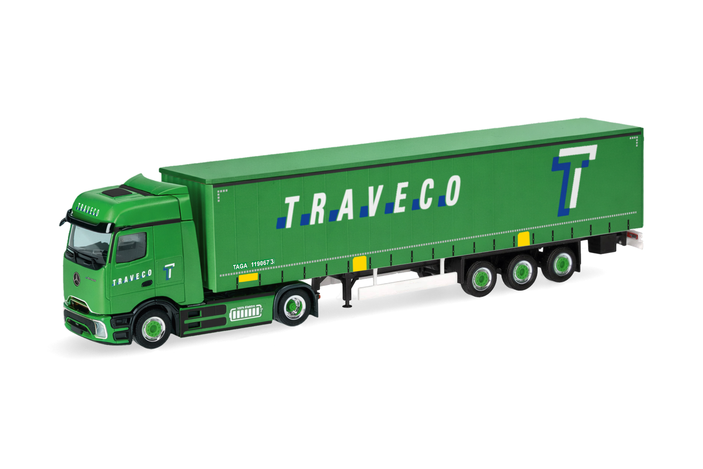 Herpa 321396 | MB eActros Bigspace ProCabin | Gardinenplanen-Sattelzug |Traveco | 1:87