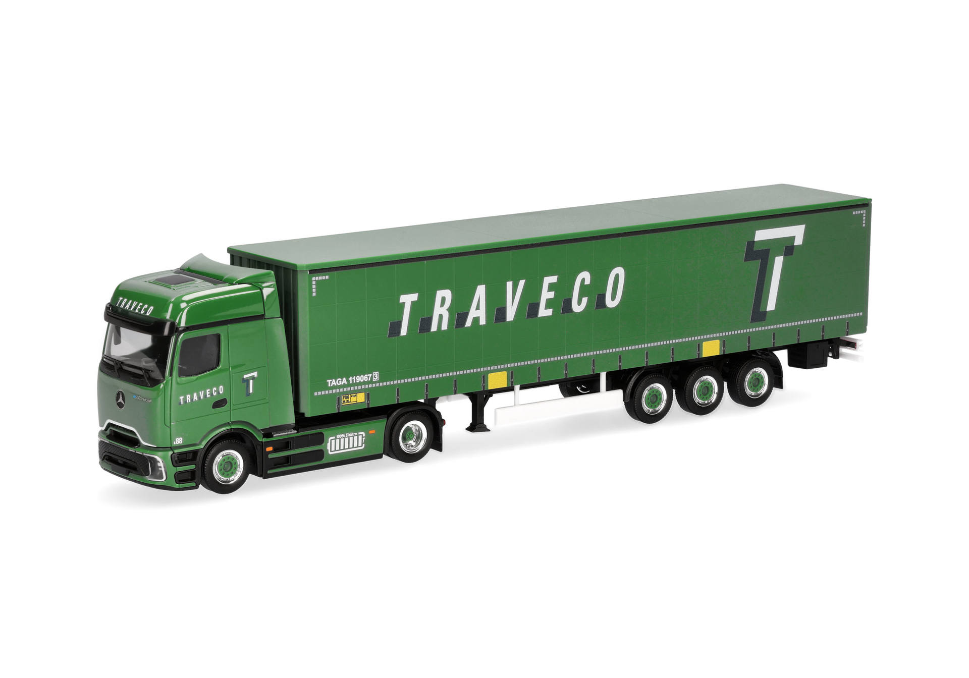 Herpa 321396 | MB eActros Bigspace ProCabin | Gardinenplanen-Sattelzug |Traveco | 1:87