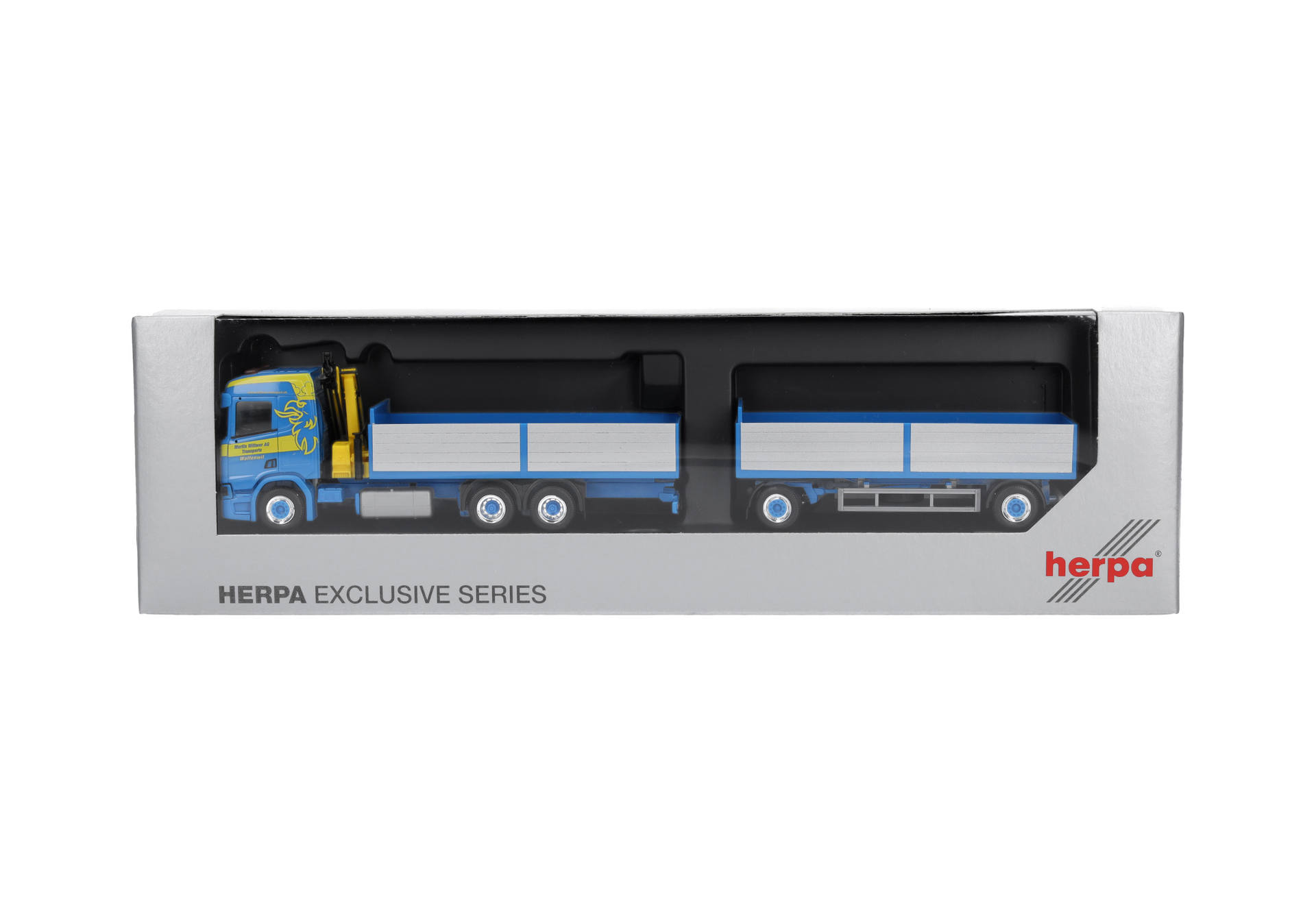 Herpa 926072 | Scania CR 20 ND | Pritschen-Hängerzug mit Ladekran | Martin Wittwer | 1:87