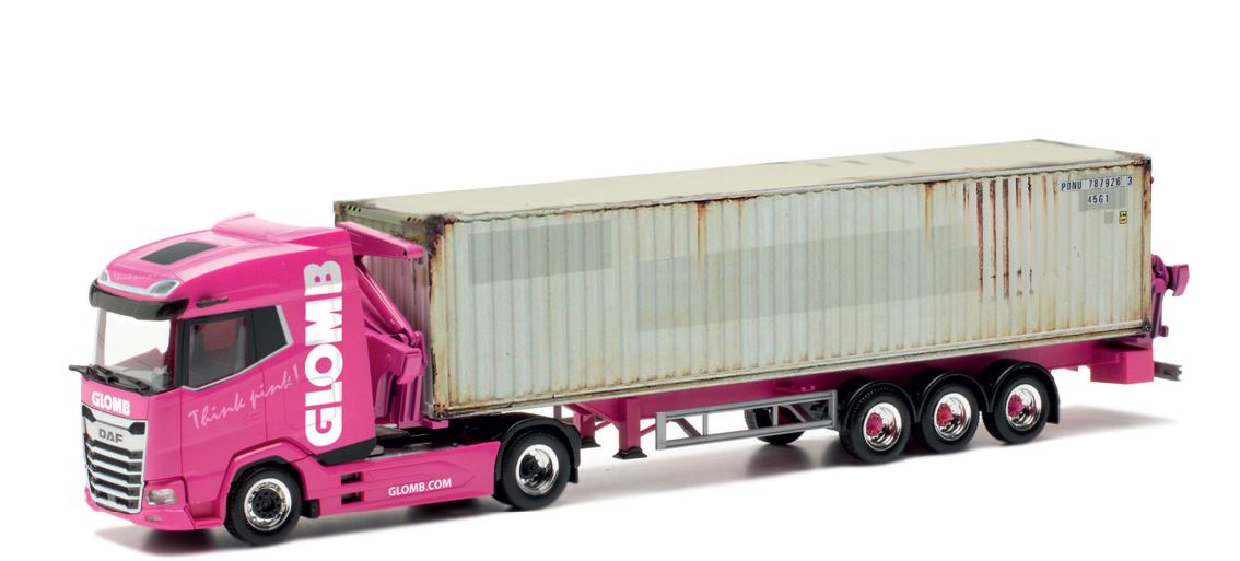 Herpa 954426 | DAF XG Container-Seitenlader mit 40 ft. Container m. Gebrauchsspuren | Glomb | 1:87