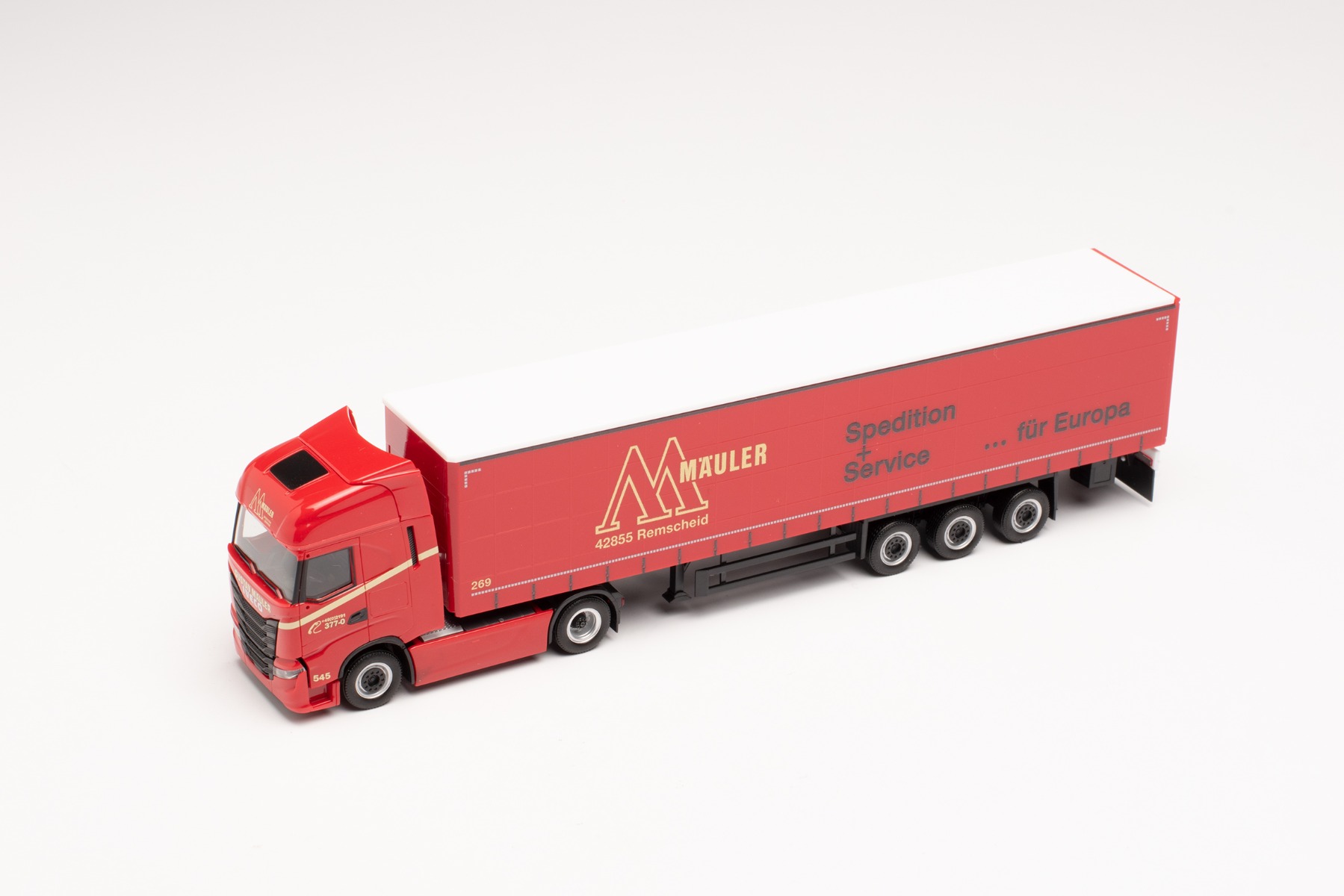 Herpa 314121 - Iveco S-Way Gardinenplanen-Sattelzug - Gustav Mäuler. 1:87