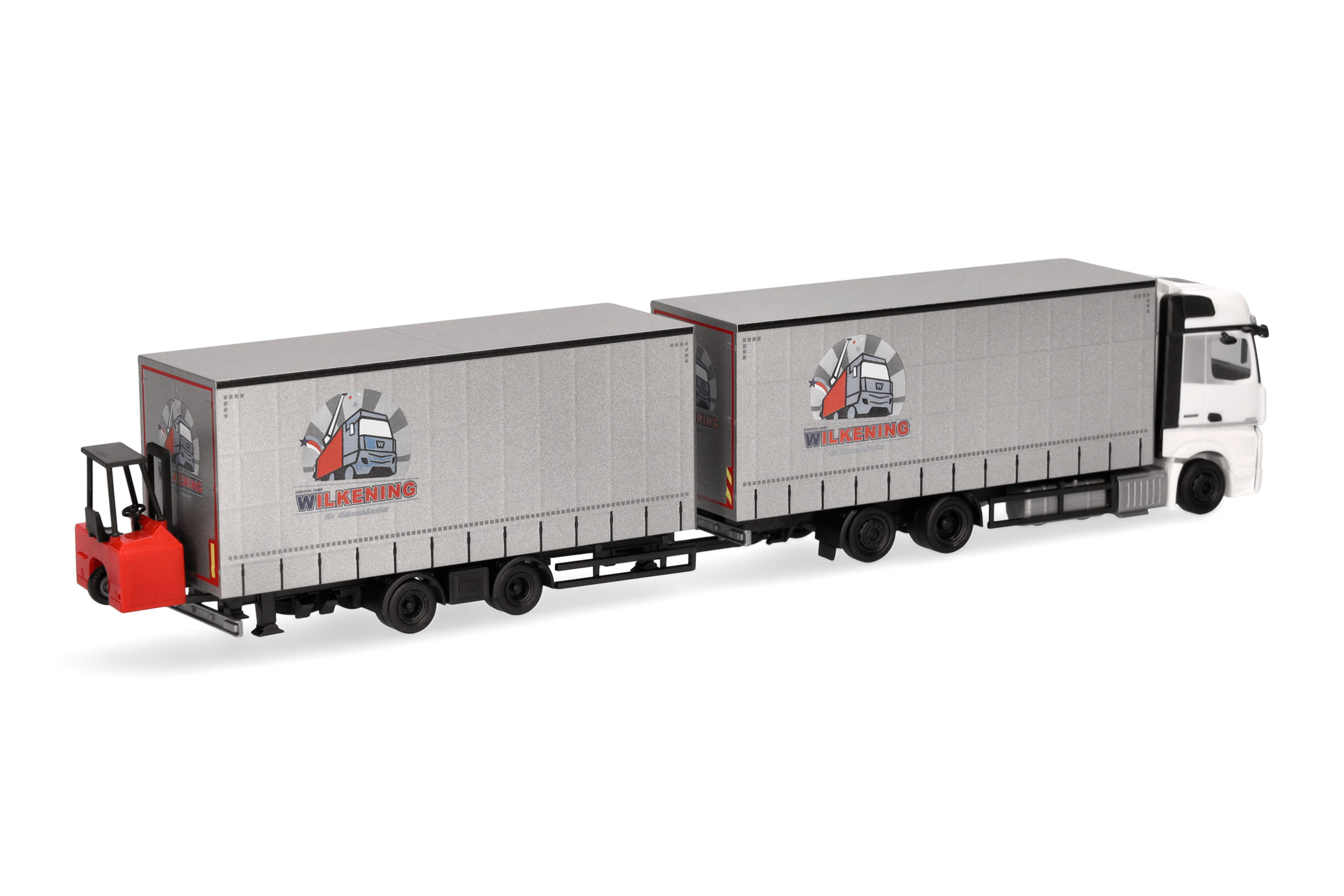 Herpa 319683 | MB Actros | Jumbogardinenplanentandem-Hängerzug mit Stapler | Wilkening | 1:87