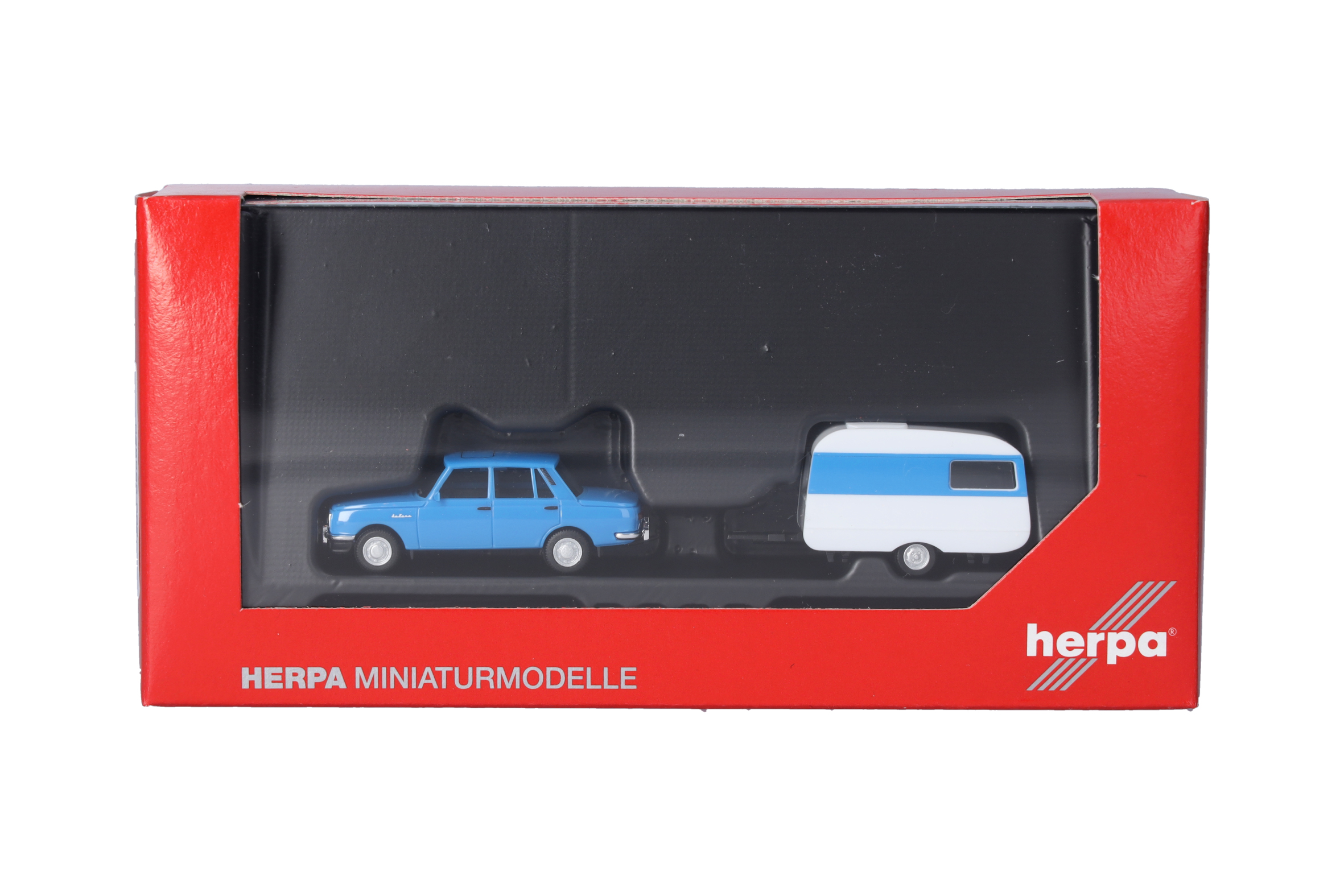Herpa 028585-002 |  Wartburg 353`82 | Limousine mit QEK-Wohnwagen | himmelblau | 1:87