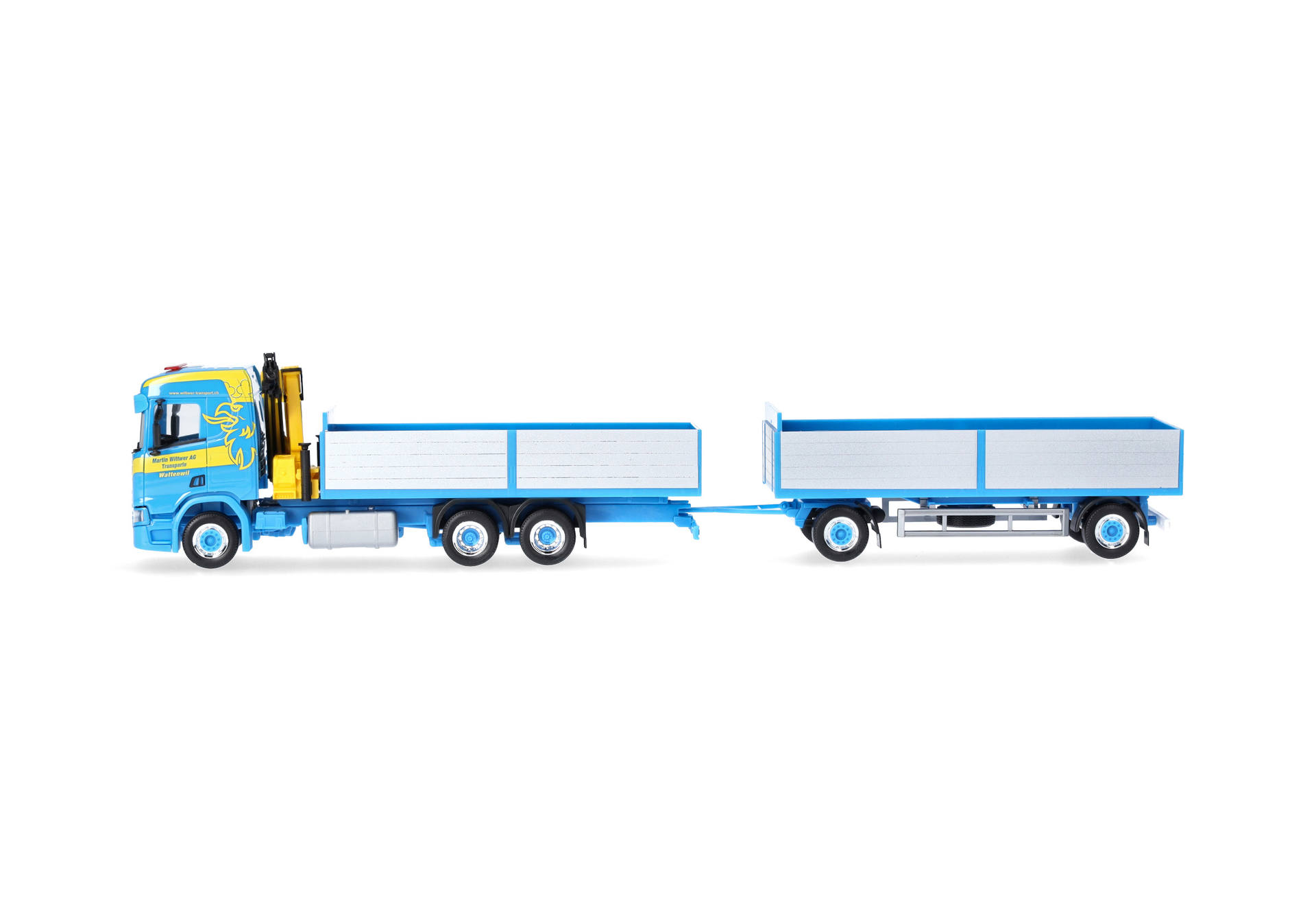 Herpa 926072 | Scania CR 20 ND | Pritschen-Hängerzug mit Ladekran | Martin Wittwer | 1:87