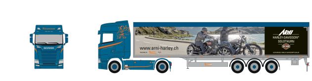 Herpa 957205 | Scania CS20 HD | Schubboden-Sattelzug | Rüegsegger/Harley Davidson | 1:87