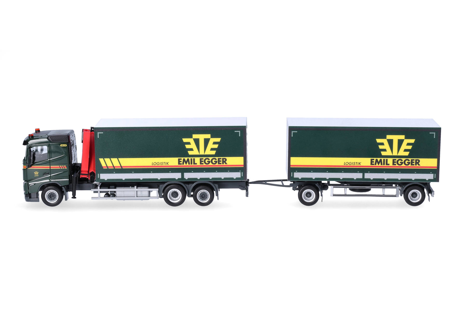 Herpa 320504 | Volvo FH 2020 | Flachdach Planen-Hängerzug mit Kran | Emil Egger |  1:87