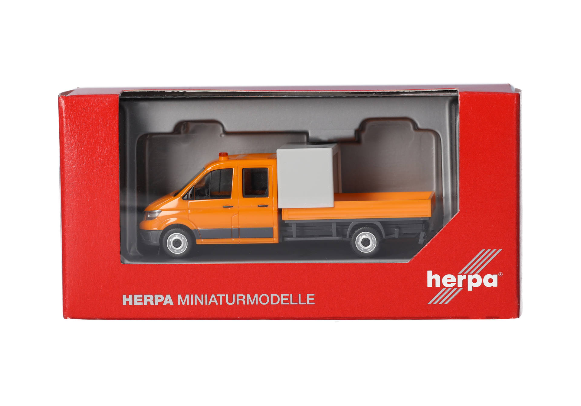 Herpa 099141 | MAN TGE Doppelkabine | Pritsche u. Halbplane | Baustellenabsicherung | kommunalorange | 1:87