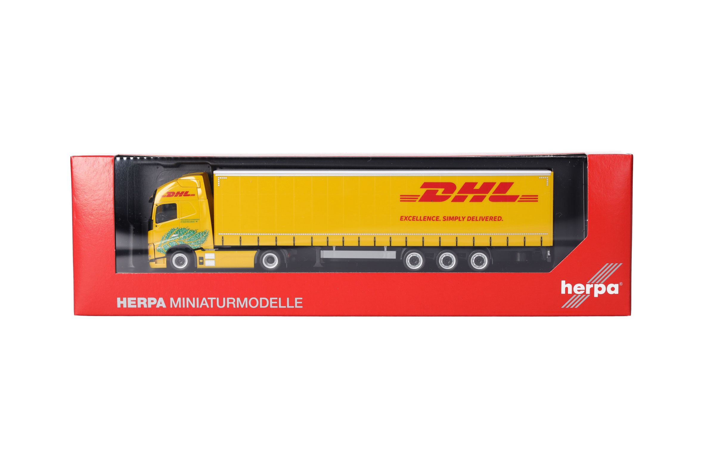 Herpa 318952 | Volvo FH GL XL Electric Lowlinergardinenplanen-Sattelzug | DHL | 1:87