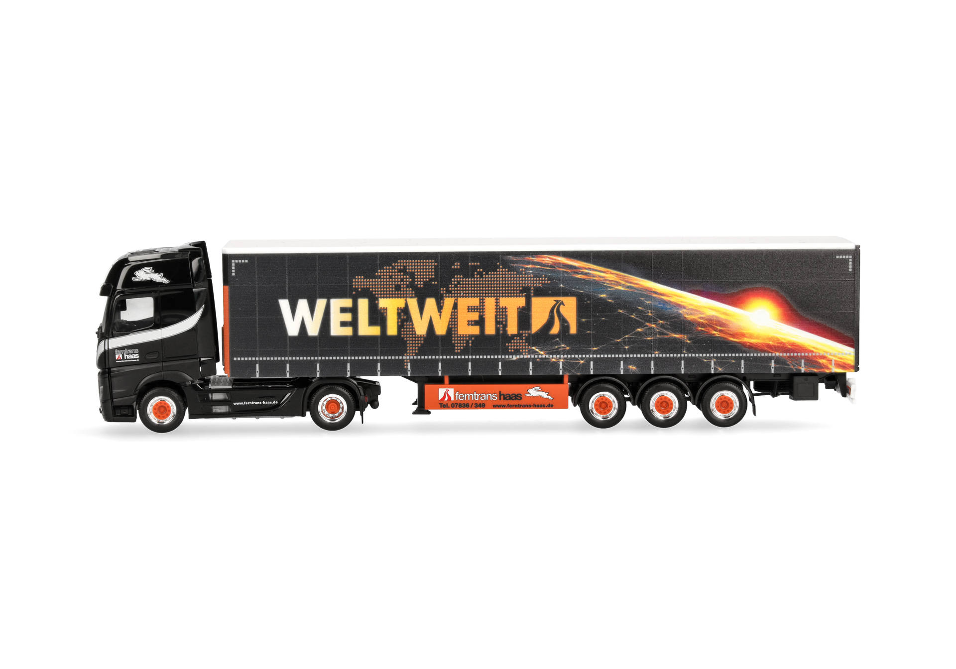 Herpa 320023 | MB Actros L 18 Gigaspace Gardinenplanen-Sattelzug | Ferntrans Haas/weltweit | 1:87