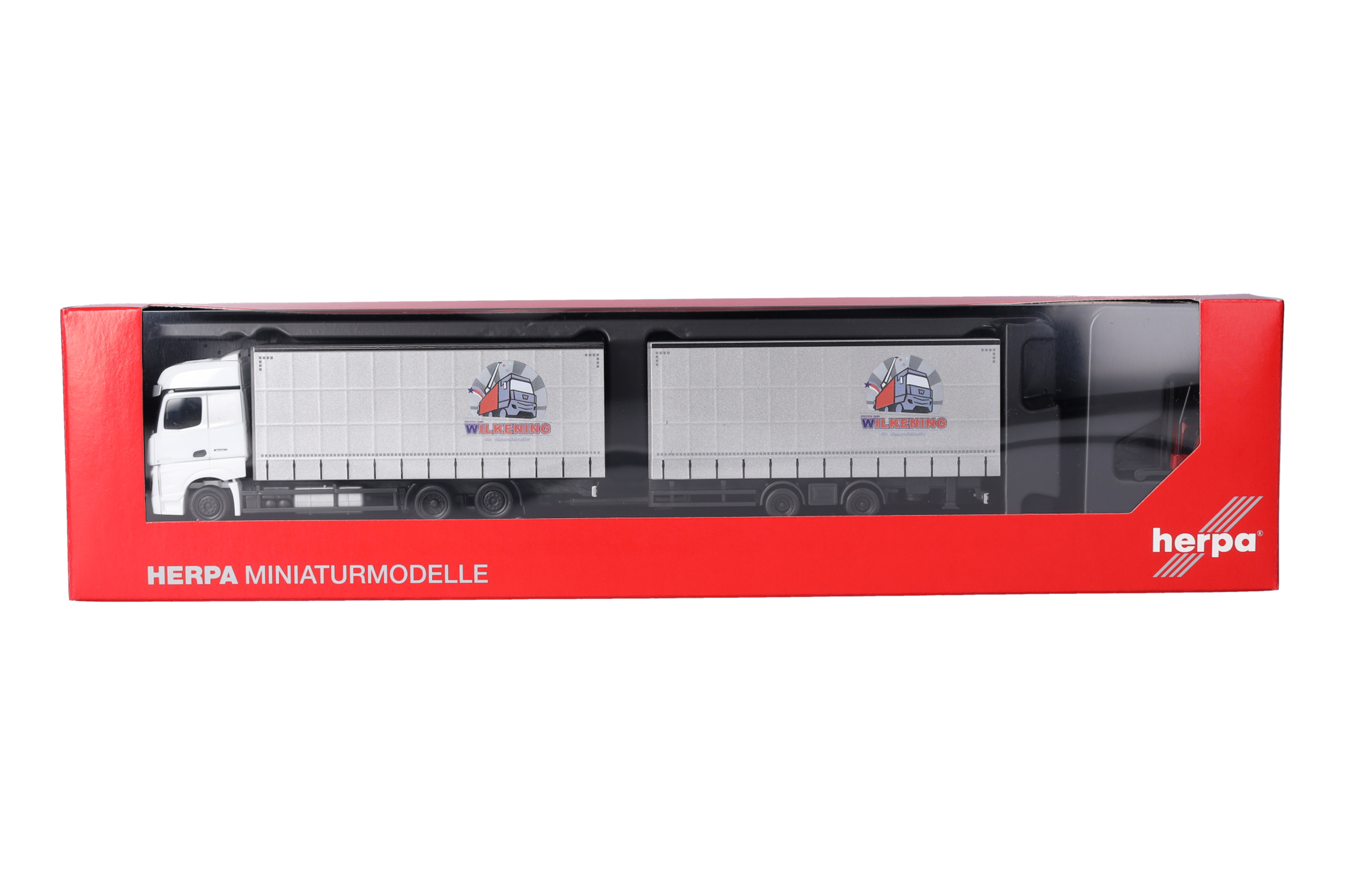 Herpa 319683 | MB Actros | Jumbogardinenplanentandem-Hängerzug mit Stapler | Wilkening | 1:87